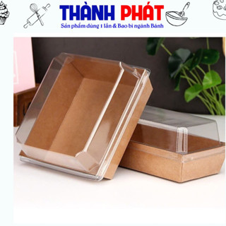50c Hộp giấy vuông 1413 kraft E1413 nắp nhựa trong đựng bánh mochi chấm kem sữa - bánh ngọt - bông lan trứng muối