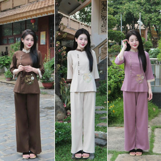  Pháp phục đi chùa, Bộ lam đi chùa chất liệu Đũi tằm thêu Tâm, Bộ đi chùa truyền thống Cao Cấp, Mềm mát
