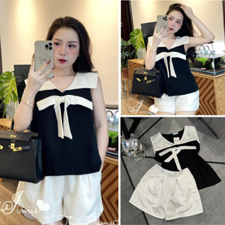 Set đồ nữ áo dáng ngắn cổ thủy thủ phối nơ buộc kèm quần short đùi phong cách trẻ trung năng động