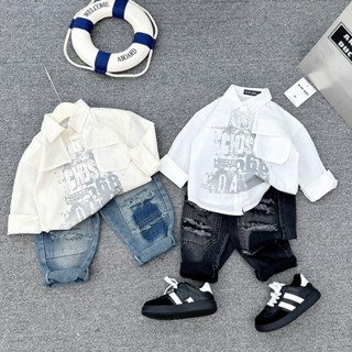Quần áo trẻ em , sét bộ quần áo sơmi dài tay túi ngực phối quần jeans rách cho bé đi chơi đi học