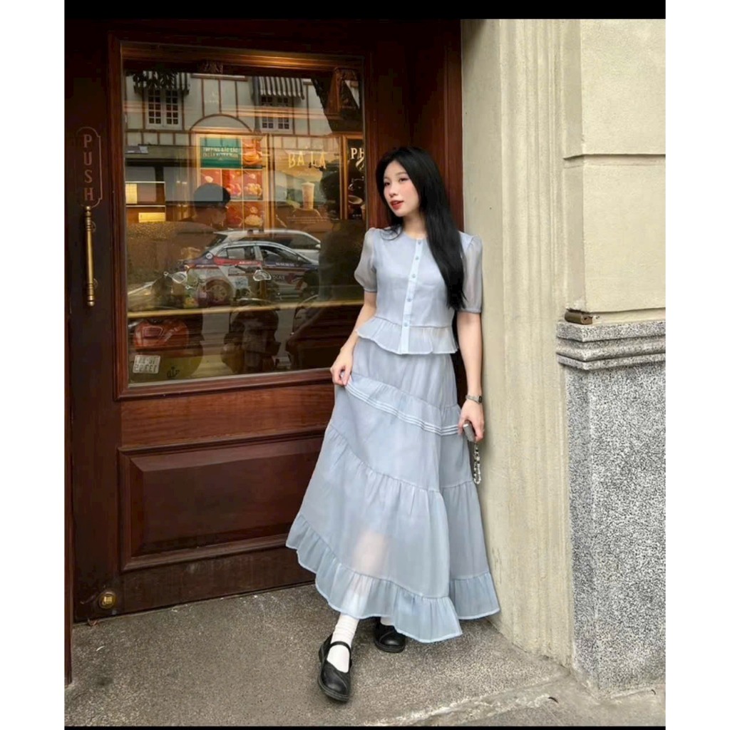 Set váy Tiểu Thư mẫu mới chất tơ nến mịn mát áo crotop tay búp kèm lót mix cùng chân váy xòe xinh xắn
