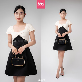 Đầm dự tiệc MINA dáng xoè vải Taffta lụa phối nơ ngực thun gân sang trọng dễ thương phù hợp đi chơi công sở MN187
