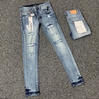 Quần jean bò nam Purple xanh wash xám rách xước tua gấu vân sóng đính 4 cúc kèm mác lụa cao cấp