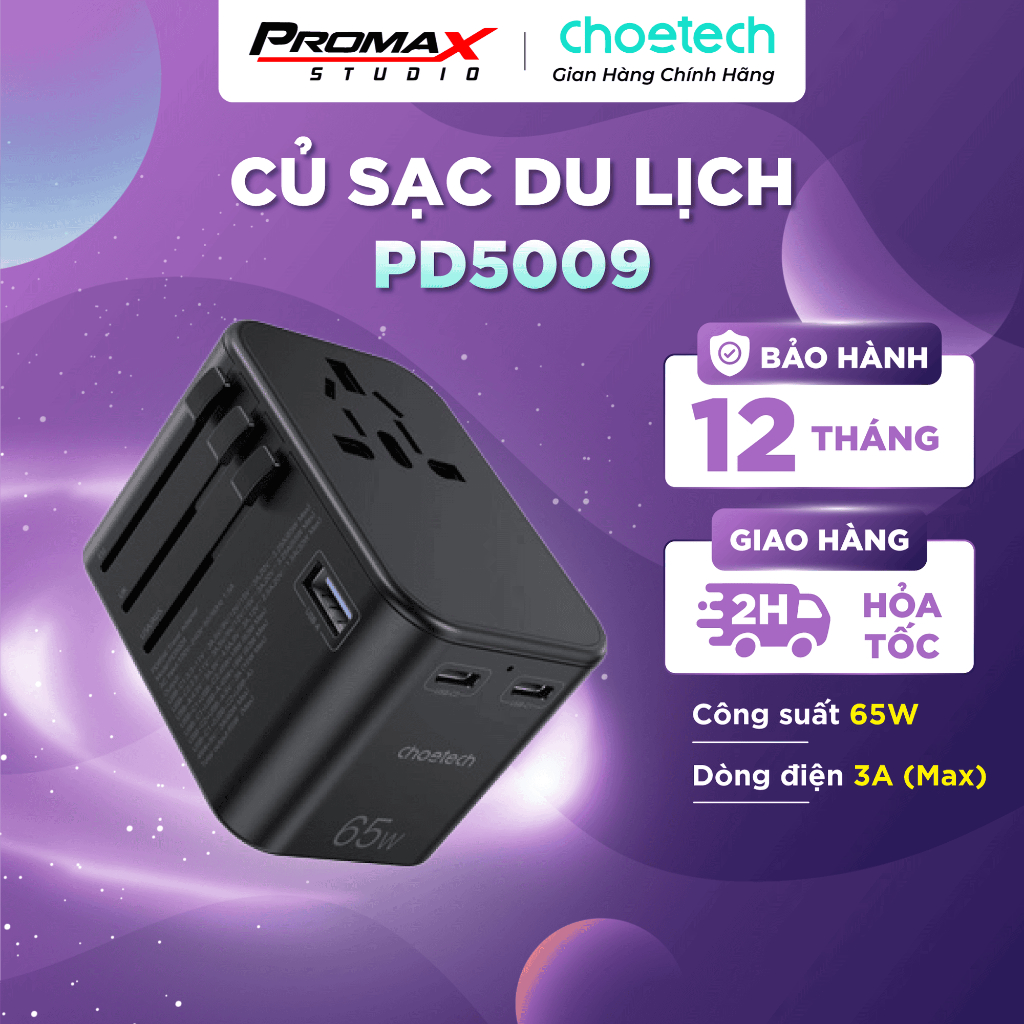 Củ sạc du lịch 65W Choetech GaN PD5009 - PD65W 2C+A Travel Travel Wall Charger