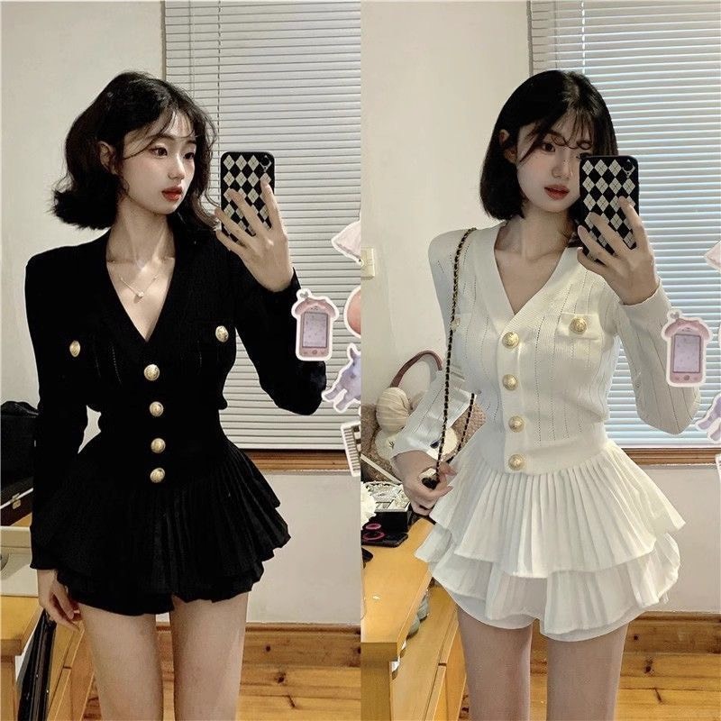 Set bộ 2 món váy áo thu đông chất liệu dệt kim cổ chữ V ôm body mix chân tennis GOLALA SP203 | BigBuy360 - bigbuy360.vn