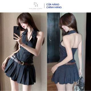 Đầm nữ cổ yếm giả sơmi DH STUDIO Váy sát nách xếp ly phong cách Hàn Quốc đi dự tiệc đi chơi hottrend