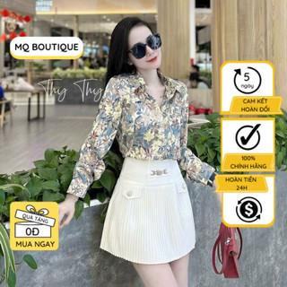 Sơ mi nữ lụa tay dài  thiết kế MQ Boutique cao cấp công sở áo sơ mi họa tiết hoa vàng xanh trắng