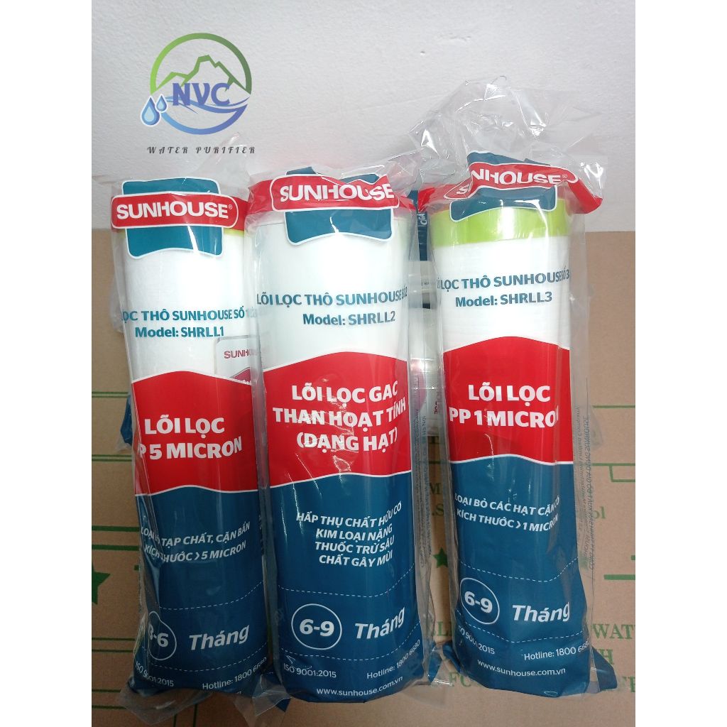 Combo 3 lõi lọc nước số 123 Sunhouse lắp vừa cốc lọc thô 10 inch máy lọc RO