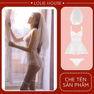 Đầm ngủ sexy cosplay cô dâu công chúa có khăn voan cài đầu - Váy ngủ cosplay cô dâu bằng voan sexy LOLIE HOUSE - CP34