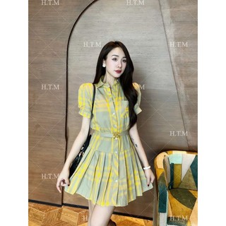 Váy sơ mi kẻ kèm belt hàng QC