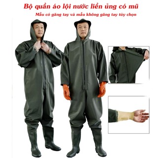 Bộ quần áo lội nước hoặc đi mưa chuyên dụng loại dày,  cao cổ, có mũ chống thấm nước