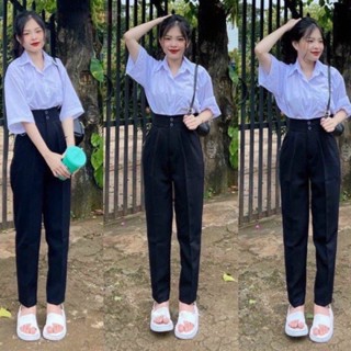 Quần tây lưng cao nữ đi học cạp liền 2 cúc xếp ly - Quần vải baggy nữ vải tuyết mưa dày co giãn nhẹ mặc làm công sở