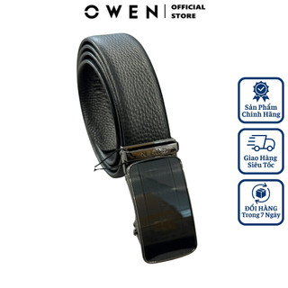 Thắt lưng da bò nam OWEN BELT232614 dây nịt bụng cao cấp màu đen sần mặt khóa trượt tự động không phồng rộp bong tróc