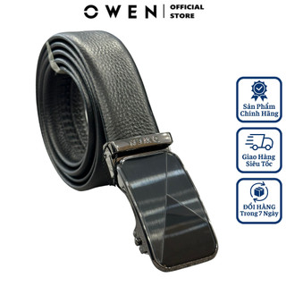 Thắt lưng da bò nam OWEN BELT232617 dây nịt bụng cao cấp màu đen sần mặt khóa trượt tự động không phồng rộp bong tróc