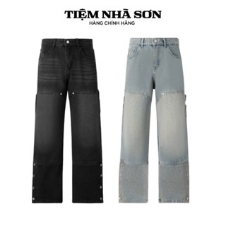 Quần Jean Double Knee Cúc Bấm Ống Suông Cạp Cao Nam Nữ Chính Hãng Tiệm Nhà SƠN