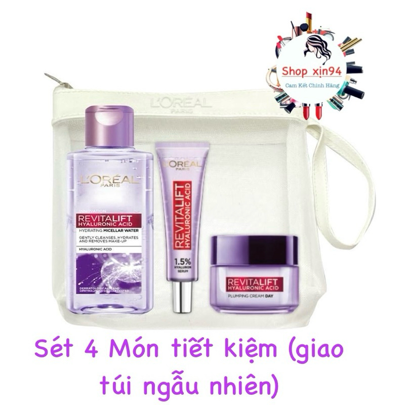 Bộ 4 món Tẩy trang +Kem Dưỡng ẩm + Serum cấp ẩm và giảm nếp nhăn Hyaluonic Acid 1.5% LOreal Paris+ túi ngẫu nhiên