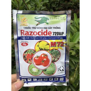 Razocide 720wp - 35gr. mancozeb 640 g/kg + cymoxanil 80 g/kg. trừ sương mai, vàng lá, thán thư, rỉ sắt, rong rêu