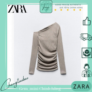 Zara Auth Áo vải nhăn lệch vai tay dài màu be size M L