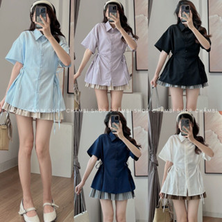 [KO KÈM QUẦN] Áo sơ mi nữ A.640, Áo nữ dáng vừa tay ngắn cổ đức phối nơ eo cách điệu - Shop Chấm Bi