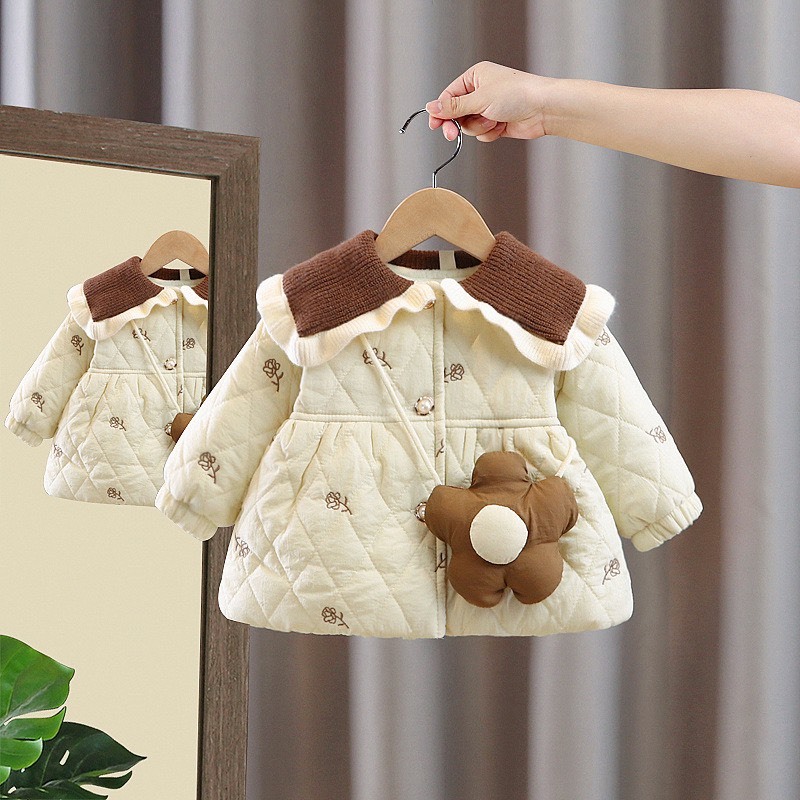   Shubimkids  -AK07- Áo Khoác Phao Hoa Dáng Váy Tặng Kèm Túi Hoa Cho Bé Gái 7 - 18kg 