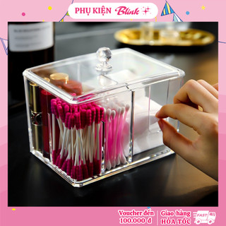 Hộp đựng bông tẩy trang để bàn rút thông minh chia 3 ngăn có nắp mica trong suốt tiện lợi, vệ sinh, ngăn nắp (Loại dày)