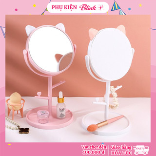 Gương trang điểm để bàn cao cấp tai mèo kèm khay đựng trang sức dễ thương hiện đại kích thước 20.5x24cm