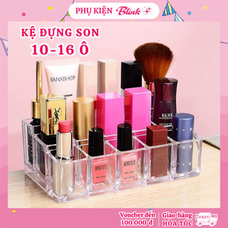Khay đựng son 10 và 16 ô cao thấp, để được nhiều loại son cao thấp to nhỏ, chất liệu nhựa mica trong suốt loại dày
