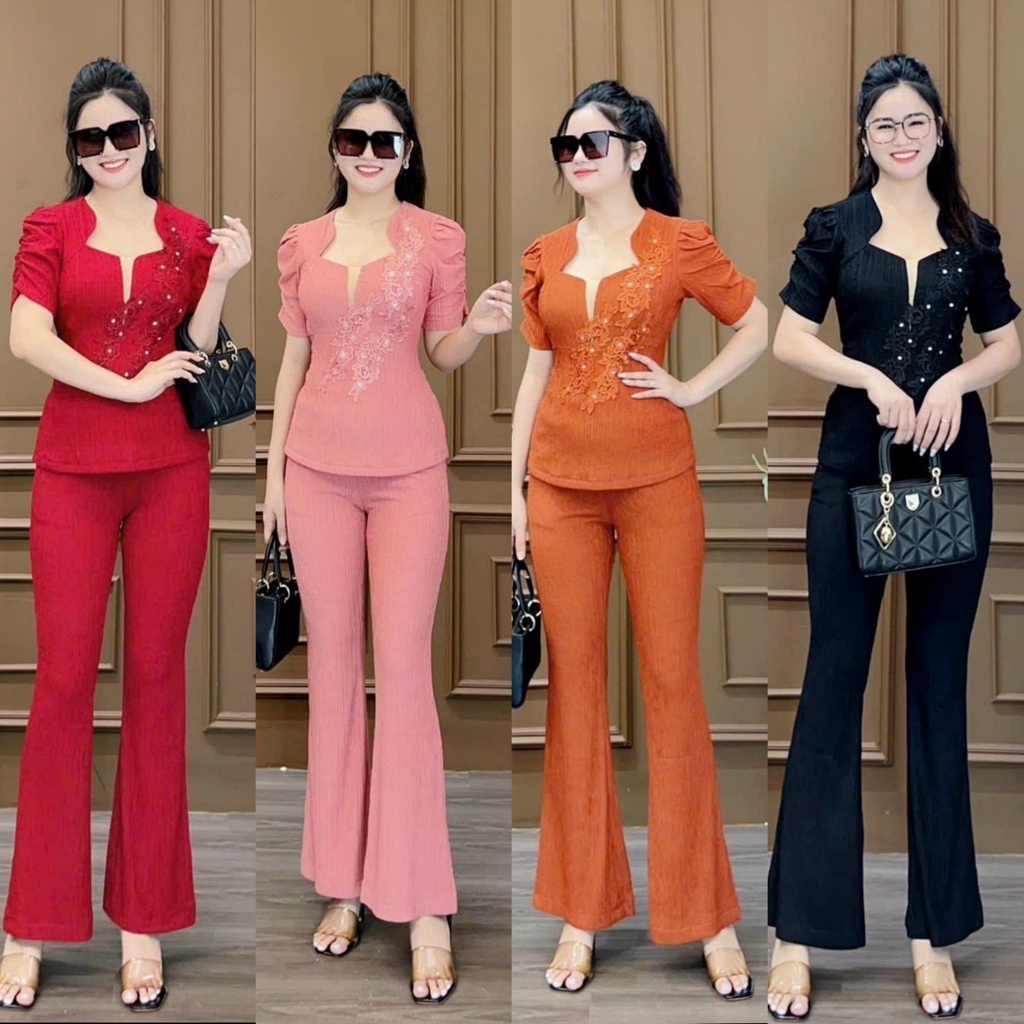 Đồ Bộ Xốp Nhật Thiết Kế Phối Hoa,Quần Ống Loe Sang Trọng, Set Đồ Bộ Trung Niên Thời Trang Nữ,Đồ Bộ Nữ HT - M5