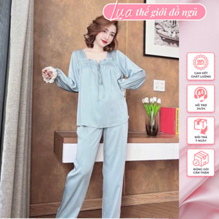 Bộ Đồ Ngủ  HÀNG CAO CẤP  Bộ Đồ Mặc Nhà Dài Tay Chất Lụa Lantin, Pijama Cổ Vuông Phối Ren Phong Cách Tiểu Thư