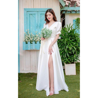 Đầm maxi cưới xẻ đùi kết hạt ngọc thân trên váy chất lụa taffeta dày đẹp TRIPBLE T DRESS - Size S/M/L -MS111Y
