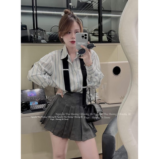 Set Sơ Mi N.ữ Kẻ Thô kèm cavat phối chân váy xếp ly THOMPHAMSHOP