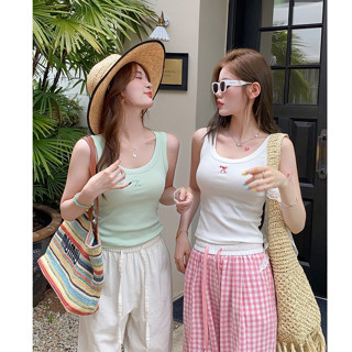 Áo ba lô cổ rộng dáng ôm In hình Nơ nhỏ JULY fashion2023, Áo ba lỗ chất gân tăm lụa mềm mại, co giãn 4 chiều.