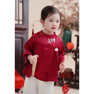 Set bộ bà ba, pháp phục áo đỏ chim thêu quần lụa cho bé gái