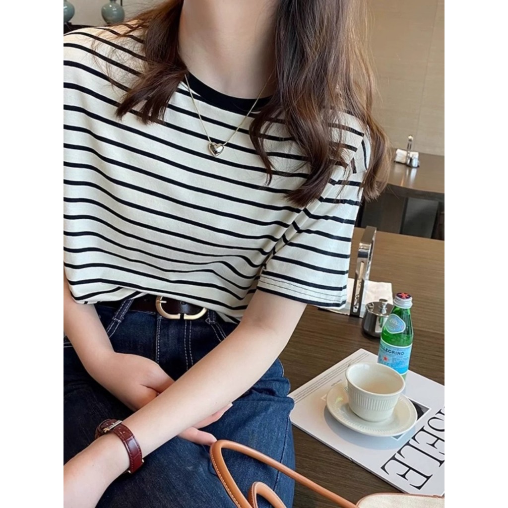 Áo Thun Nữ ngắn tay kẻ sọc ngang trẻ trung JULY fashion2023, Áo phông Nữ sọc ngang Chất Cotton 4 chiều mềm mát
