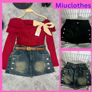 Ms 2034 quần váy jeans nữ bigsize lưng cao nhấn nút viền màu rêu bụi. by miuclothes.
