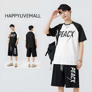 Bộ quần áo nam nữ vải tổ ong phối màu logo in thời trang Happylivemall