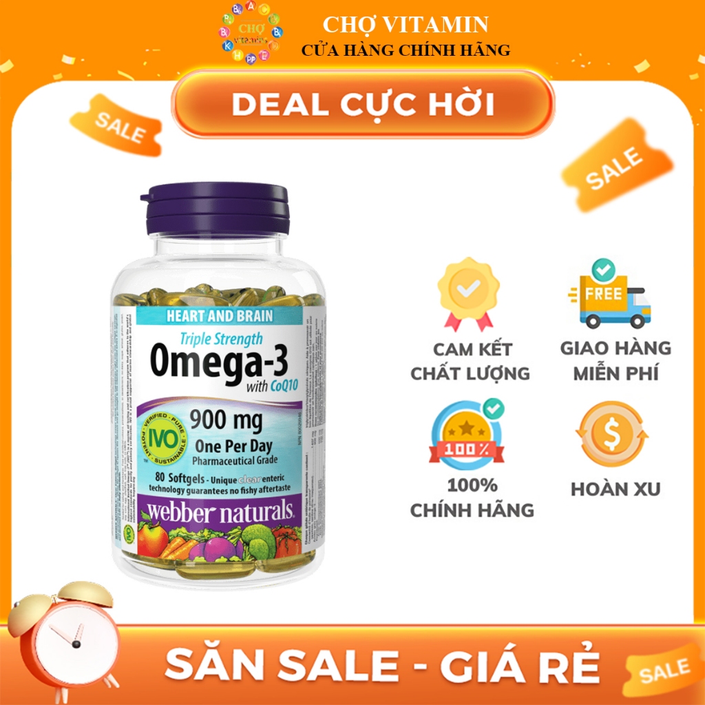 Dầu Cá Webber Naturals Omega-3 with CoQ10 Triple Strength 900mg 80 Viên - Hỗ Trợ Tim Mạch, Mắt