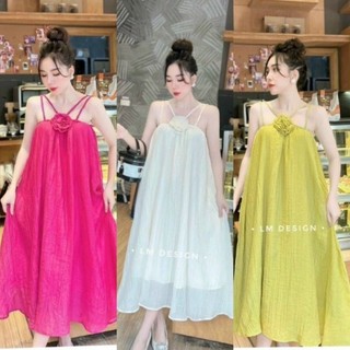 Đầm Tơ 4 Dây Thắt Bính Đính Hoa Dáng Suông Dài bầu bì mặc vô tư