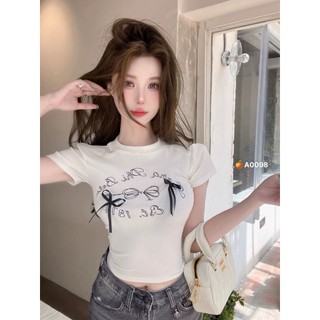 Áo kiểu tay ngắn croptop in chữ và đính nơ màu trắng trước cực hot , chất thun tăm dày dặn