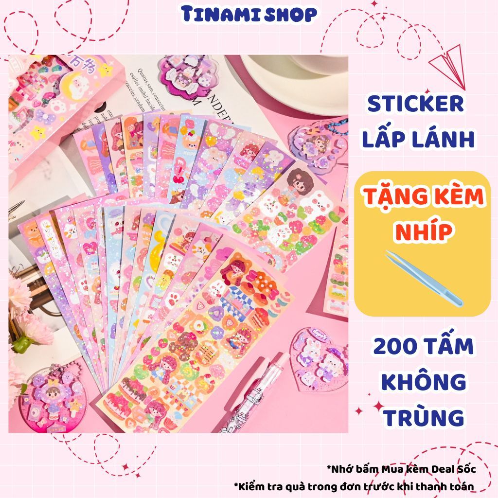 Set 50 100 tấm sticker lấp lánh có ánh nhũ hình dán dễ thương dán sổ trang trí ốp điện thoại top