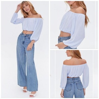 [ORDER MỸ] Áo croptop FOREVER 21 voan lụa trễ vai tay dài phồng dúng màu trơn