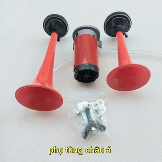Còi hơi, kèn sinh hơi 2 loa đỏ, còi tạo hơi cho xe không có bình hơi điện 12v và 24v