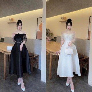 ĐẦM DỰ TIỆC TRỄ VAI DÁNG DÀI XOÈ NHẸ CHẤT LƯỚI PHỐI TAPTA ĐÍNH ĐÁ EO KÈM BÔNG NGỰC CỰC XINH VÀ SANG