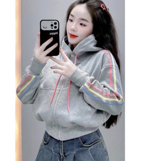 ÁO KHOÁC NỈ PHỐI VIỀN CẦU VỒNG CÓ NÓN DÂY KÉO CAO DỄ MẶC PHÙ HỢP THỜI TRANG