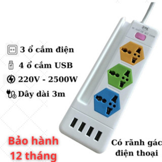 Ổ cắm điện đa năng K204, ổ điện 3 ổ cắm 4 cổng USB sạc điện thoại nhanh, ổ cắm nhựa chịu nhiệt cách điện an toàn