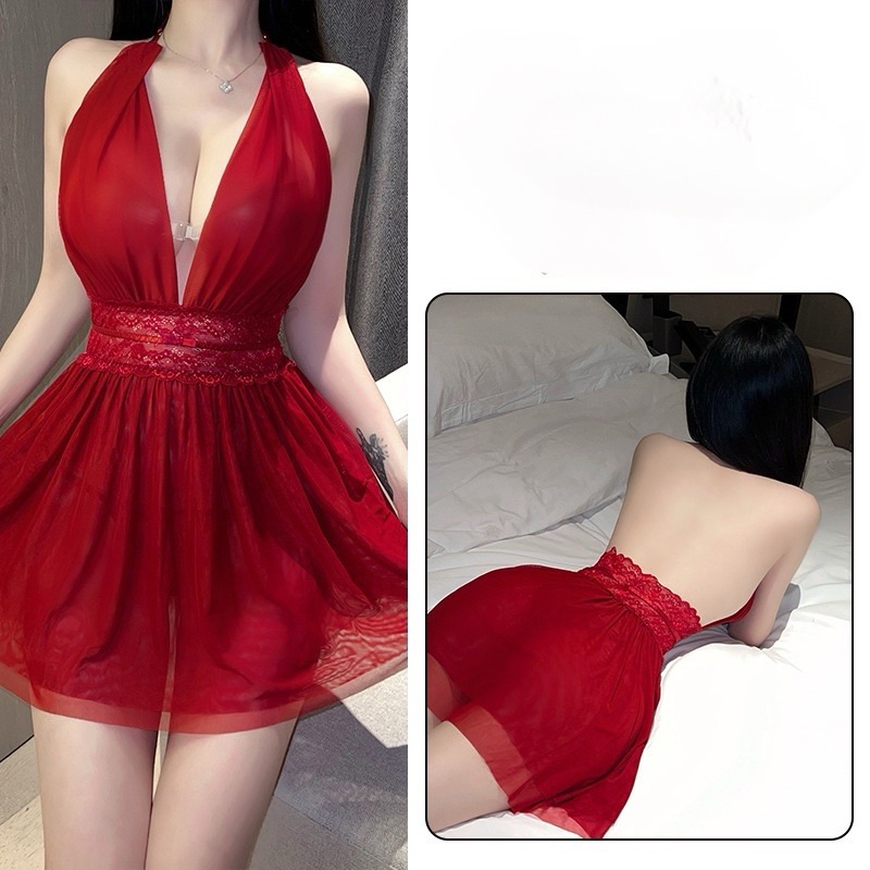 Váy ngủ voan A114 kiểu dáng cổ yếm gợi cảm tặng kèm quần chip | BigBuy360 - bigbuy360.vn