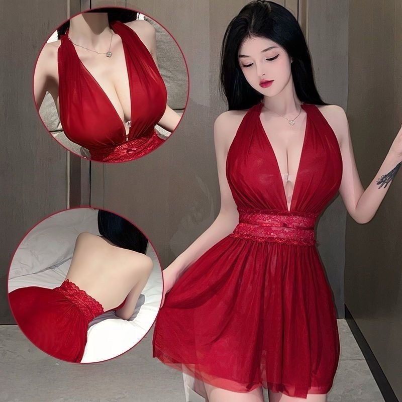 Váy ngủ voan A114 kiểu dáng cổ yếm gợi cảm tặng kèm quần chip | BigBuy360 - bigbuy360.vn