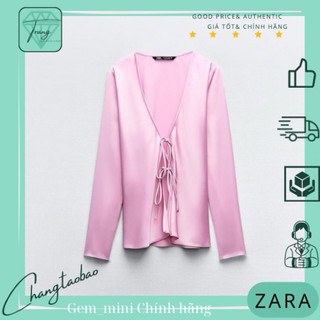 ZR AU Áo Sơmi kiểu lụa satin hồng cột nơ size Xs S