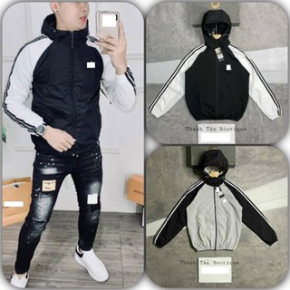 Áo khoác gió nam ads 2 lớp dày dặn ,3 sọc phối mũ dính liền , chất liệu vải dù