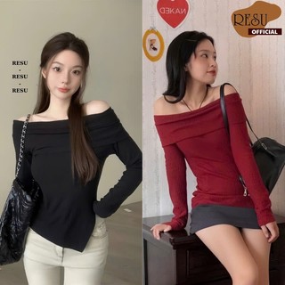 Áo thun tay dài nữ trễ vai dài tay vạt nhọn cuốn biên, Áo dài tay trễ vai dáng ôm body RESU